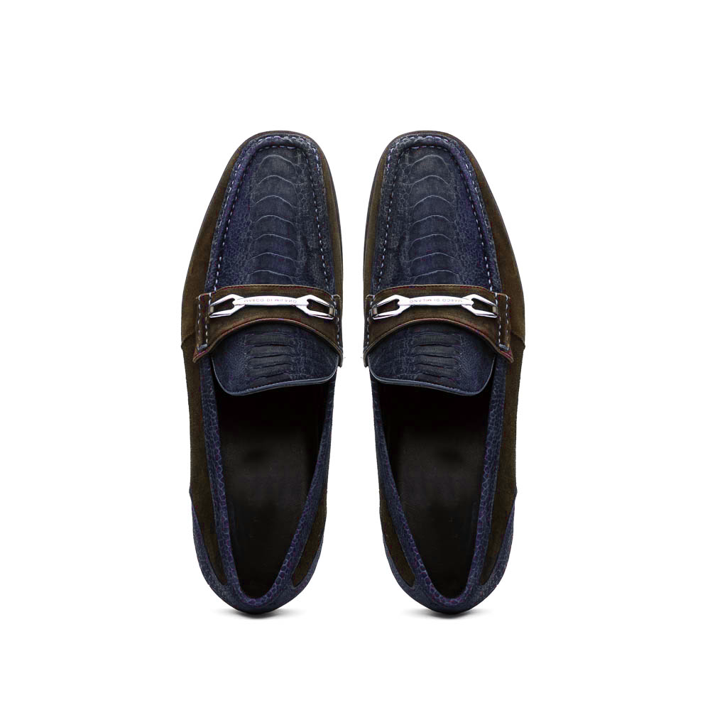 Marco Di Milano Navy-Brown Hugo Sueded Ostrich Leg Bit Loafers - 8