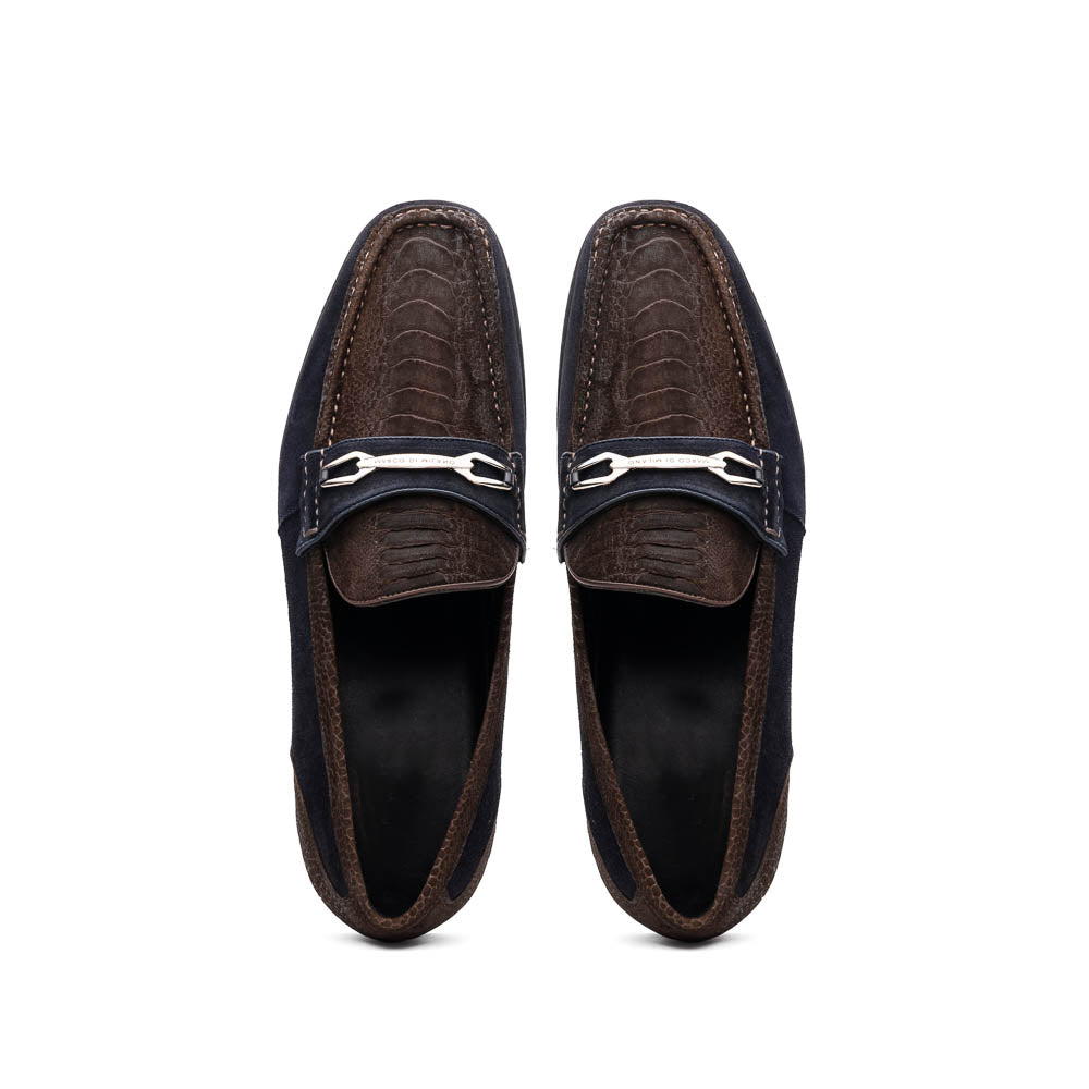 Marco Di Milano Brown-Navy Hugo Sueded Ostrich Leg Bit Loafers - 8