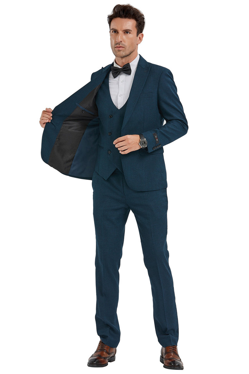 "Men's Slim Fit Sharkskin Suit - Dark Teal, One Button Peak Lapel with Double Breasted Vest" - 34 Short
