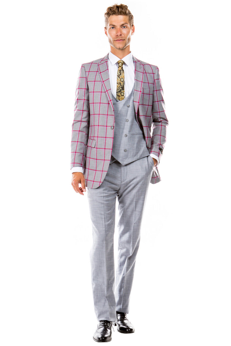 "Grey & Red Windowpane Plaid Men's Suit with Peak Lapel & Double Breasted Vest"
