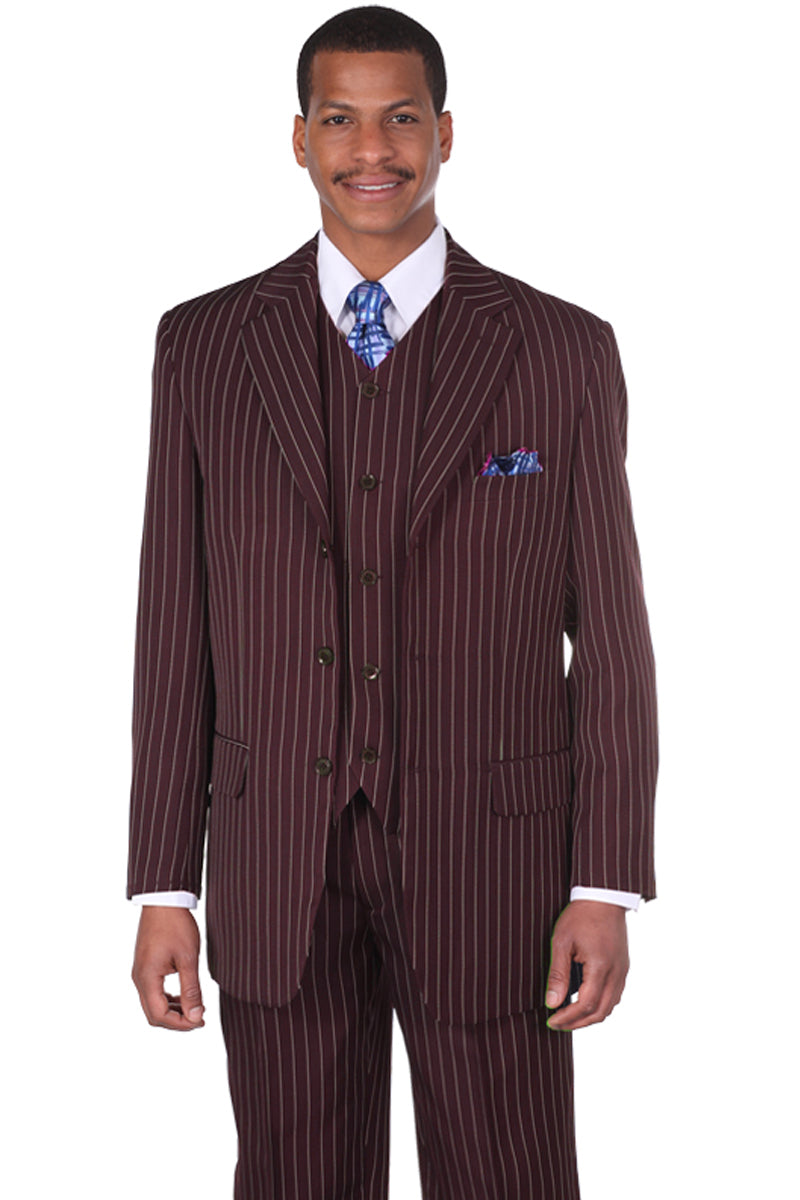 Vintage Pinstripe 3-Button Men's Suit, Vested Gangster Style in Brown - 38 Long