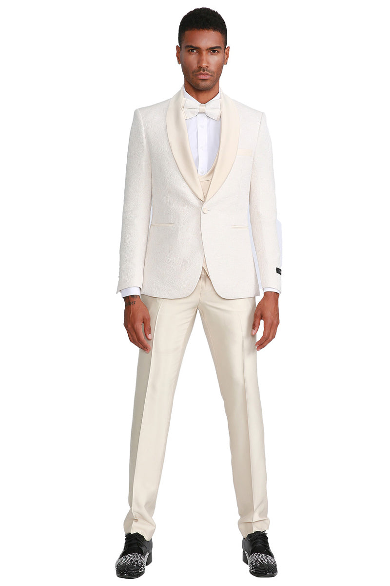 Ivory Paisley Wedding Tuxedo for Men - One Button Vested Prom Suit with Satin Vest and Pants