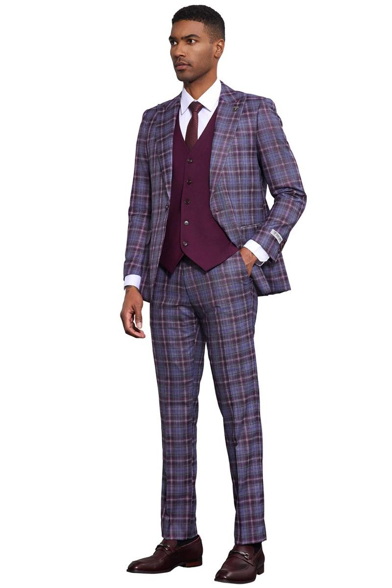 Men's Stacy Adams Bold Windowpane Plaid Print Vested Suit in Lavender & Purple - 38 Regular