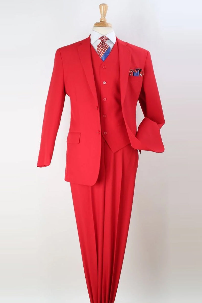 "Red Men's Classic Fit Two-Button Suit with Vest - Pleated Pants"
