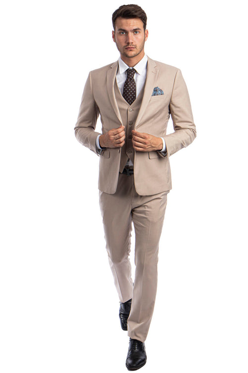 "Men's Slim Fit Two Button Vested Suits - Solid Medium Tan"