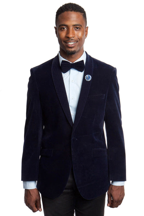 "Men's Slim Fit Velvet Dinner Jacket - Navy Shawl Lapel"