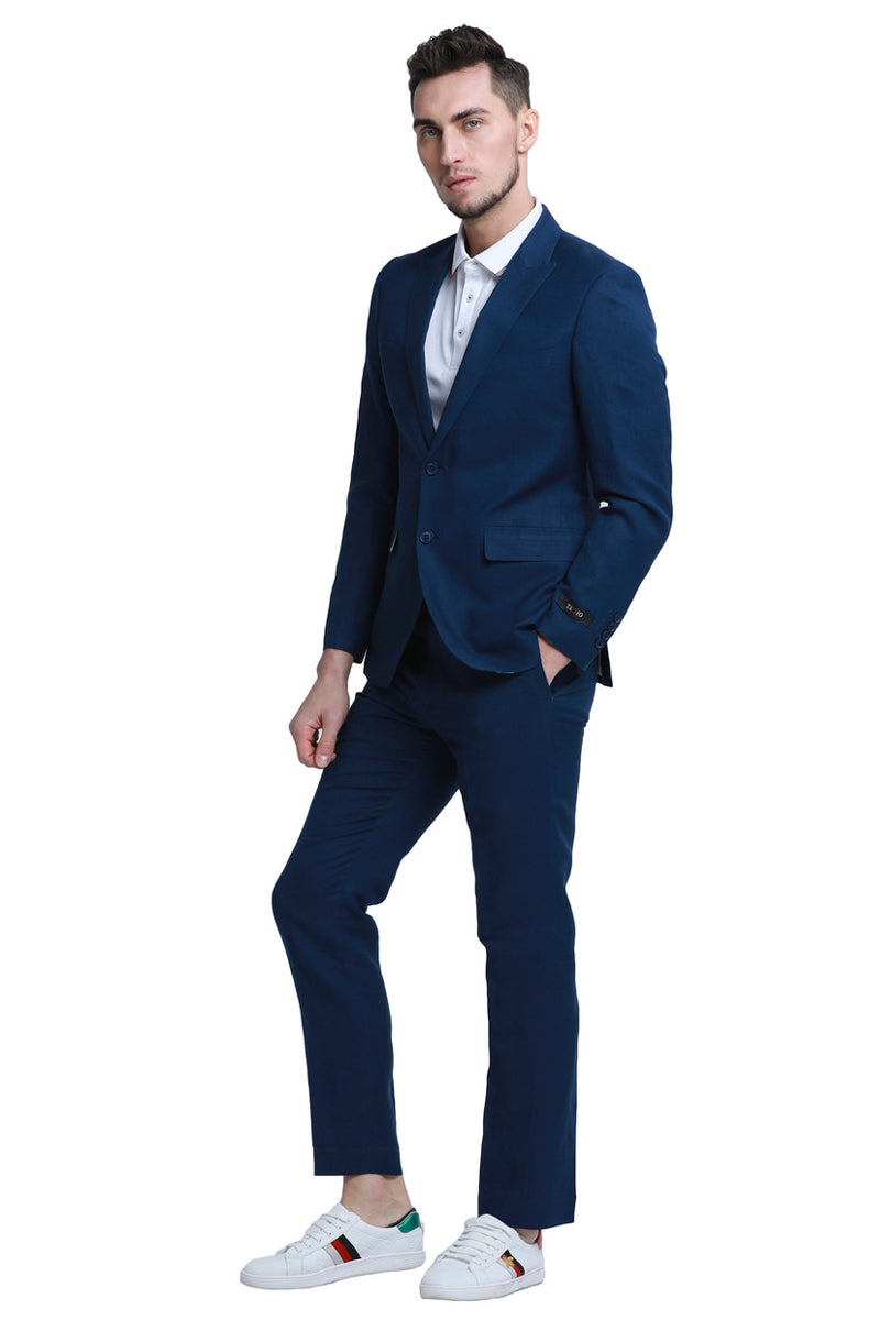 "Navy Blue Men's Summer Linen Wedding Suit with Two Button Peak Lapel"