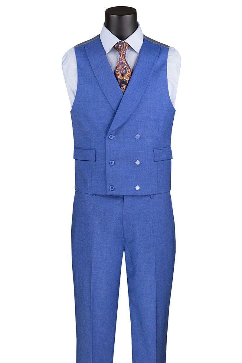 "Sharkskin Men's Suit with Double Breasted Vest - Summer French Blue"
