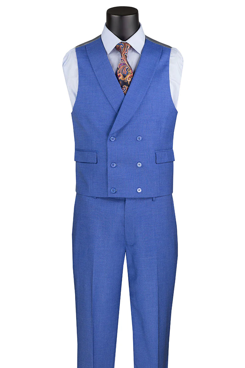 "Sharkskin Men's Suit with Double Breasted Vest - Summer French Blue" - 38 Regular
