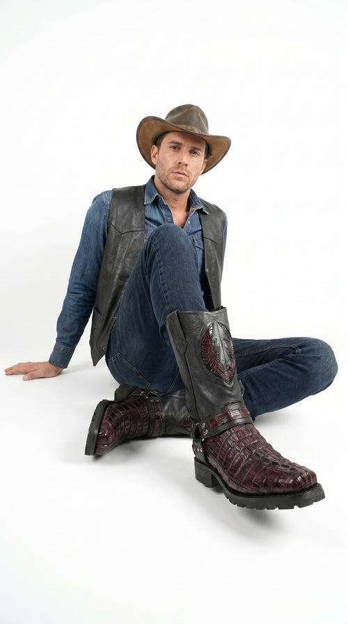 Men’s Los Altos Black and Burgundy Caiman Tail Skin Biker Boots, Exotic Western Motorcycle Boots