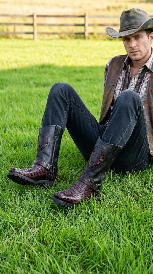 Men’s Los Altos Black and Burgundy Caiman Tail Skin Biker Boots, Exotic Western Motorcycle Boots