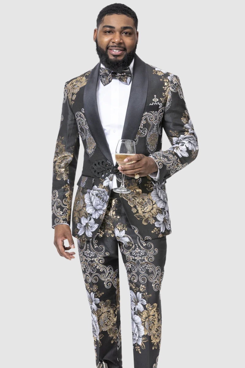 "Black & Gold Paisley Slim Fit Men's Prom Tuxedo - Smoking Jacket Style"