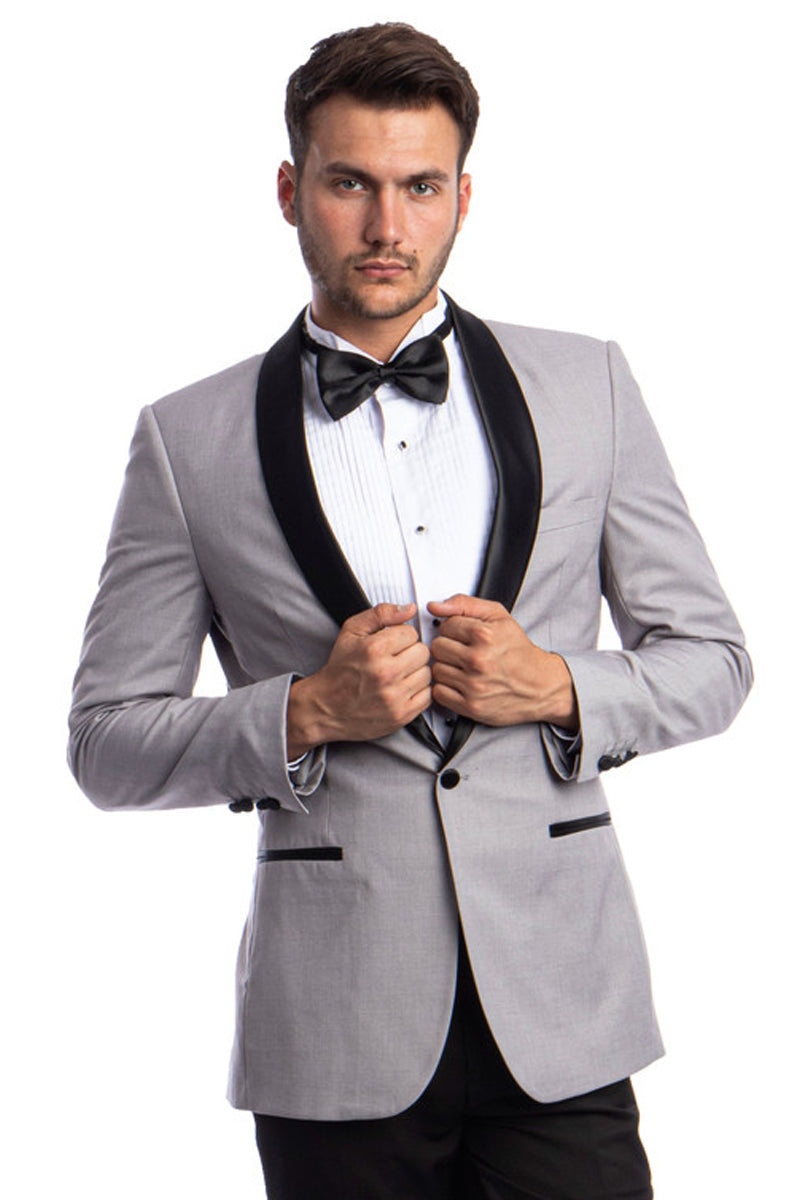 "Men's Skinny Fit Shawl Tuxedo - One Button Prom Suit in Light Grey"