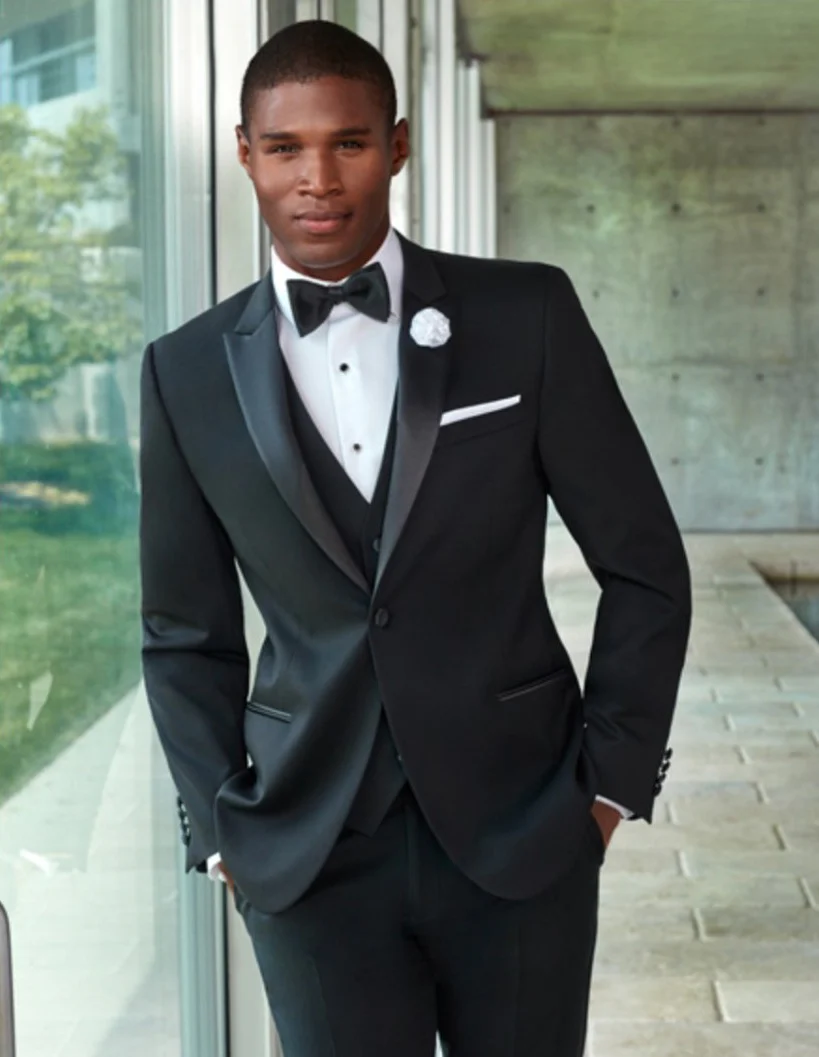 Mens Designer Slim Fit Peak  lapel Tuxedo in Black