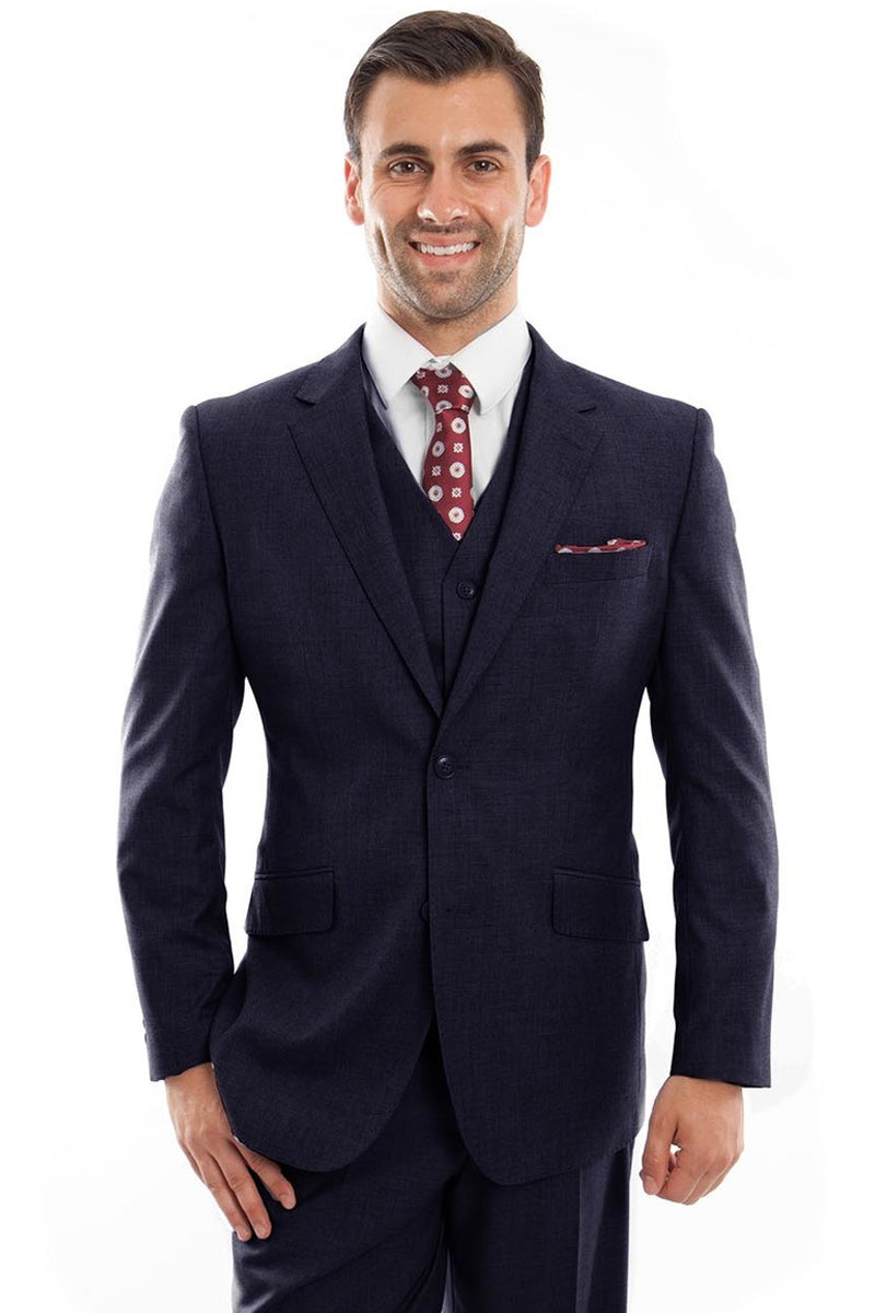 "Designer Men's Navy Blue Modern Fit Wool Suit - Two Button Vested"
