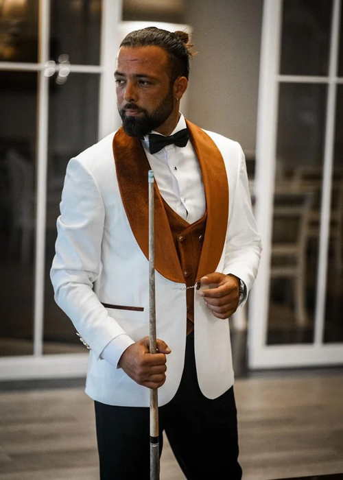Mens White Slim Fit Tuxedo with Burnt Orange Velvet Shawl Collar