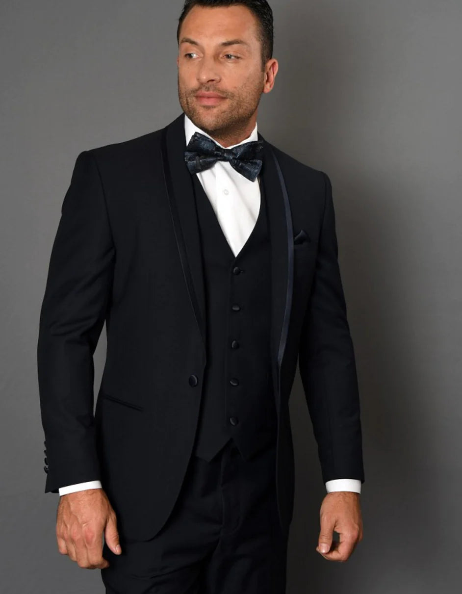 Mens Navy Blue Wedding Tuxedo - Dark Blue Tuxedo Suit" Mens One Button Satin Trim Shawl Tuxedo in Navy Wool - 36 Short