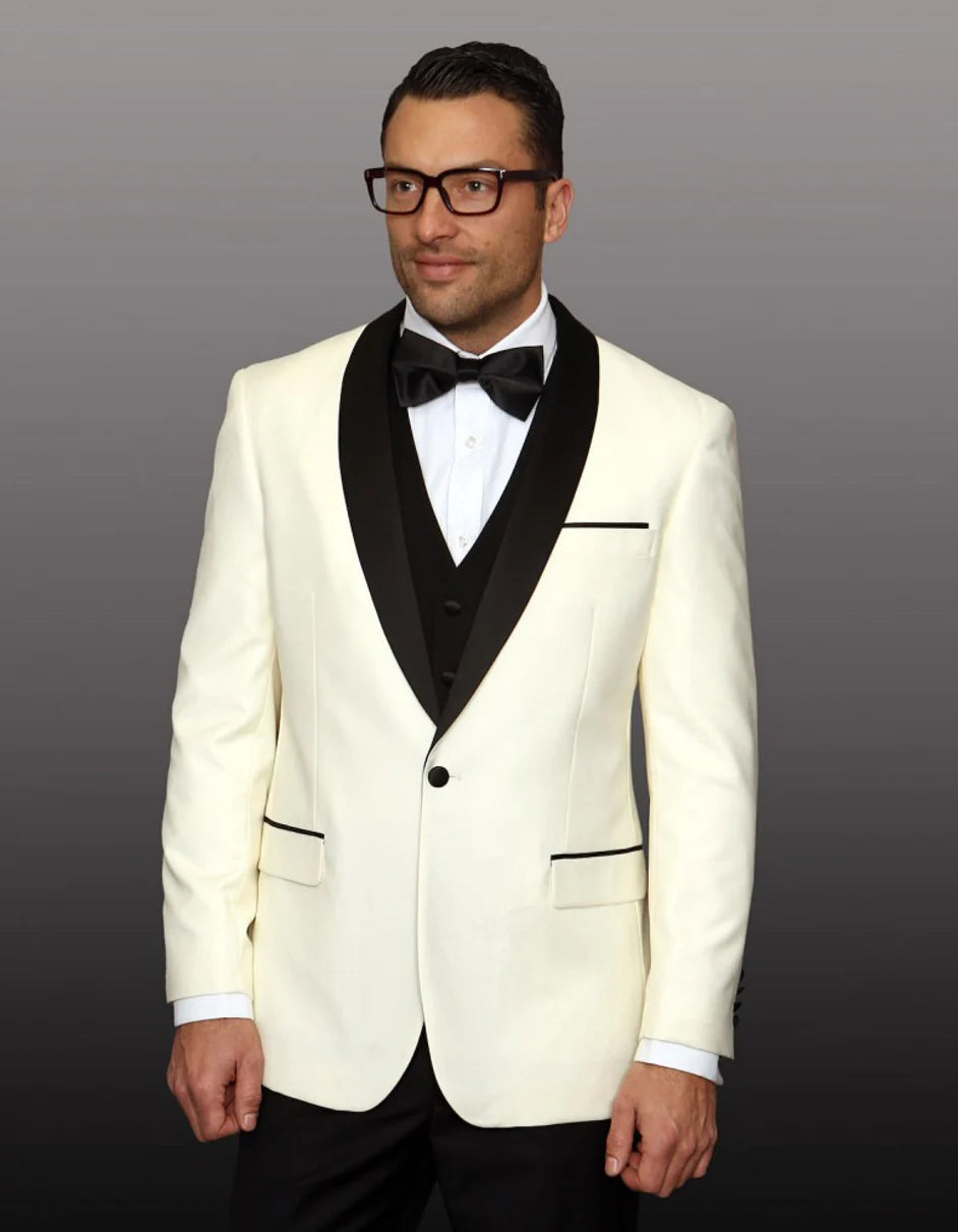 "Mens Suit 1 Button Shawl Lapel Wool Feel - Designer Brand Dinner Jacket in Ivory & Black" - 34 Short