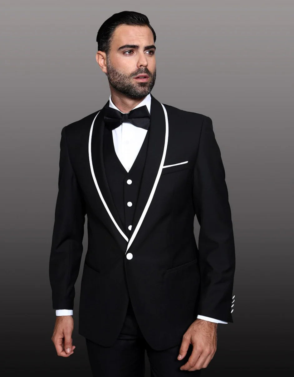 Men's One Button Satin Trim Shawl Tuxedo in Black & White - Short 34