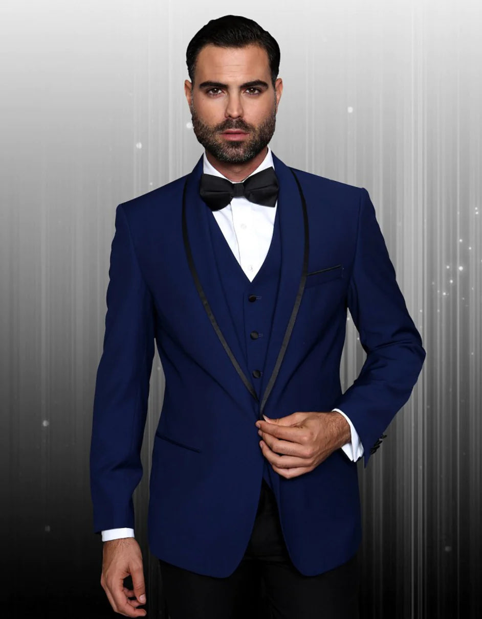 Men's Navy Blue Wedding Tuxedo Dark Suit One Button Satin Trim Shawl Sapphire​ & Black 34 Short Sapphire Blue