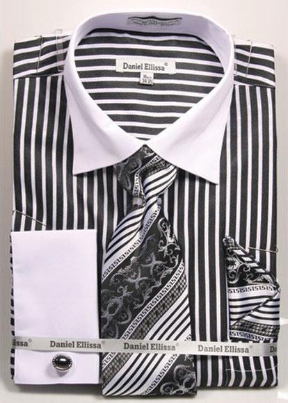 Men's Black Two Tone French Cuff Dress Shirt - Large 16.5" Neck/34-35" Sleeve