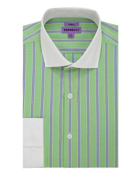 Striped Pattern Matching White Collar & Cuffs Green Cotton Men's Dress Gingham Shirt - Checker Pattern - French Cuff - White Collared + Free Bowtie