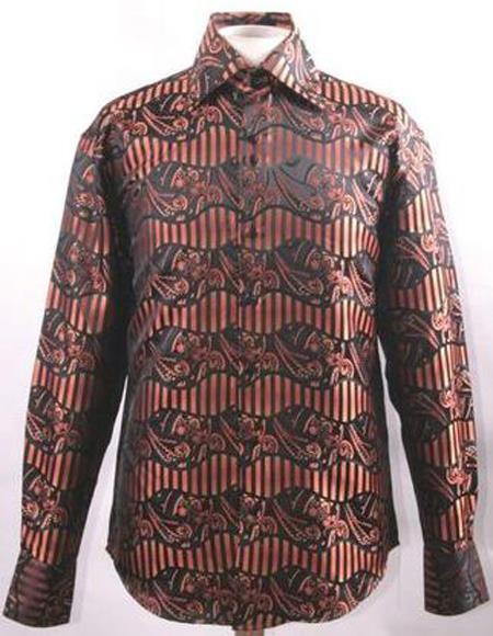 Men's Fancy High Collar Club Shirt Orange Paisley - M Or Medium