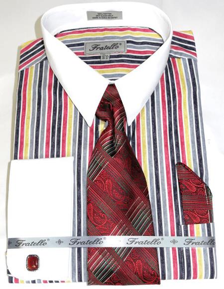Red Cathedral Stripe Colorful Pinstripe Pattern - White Collared - French Cuffed Men's Dress Shirt - Striped Dress Shirt - Mens Pinstripe Dress Shirt - Large 16.5" Neck / 34-35" Sleeve