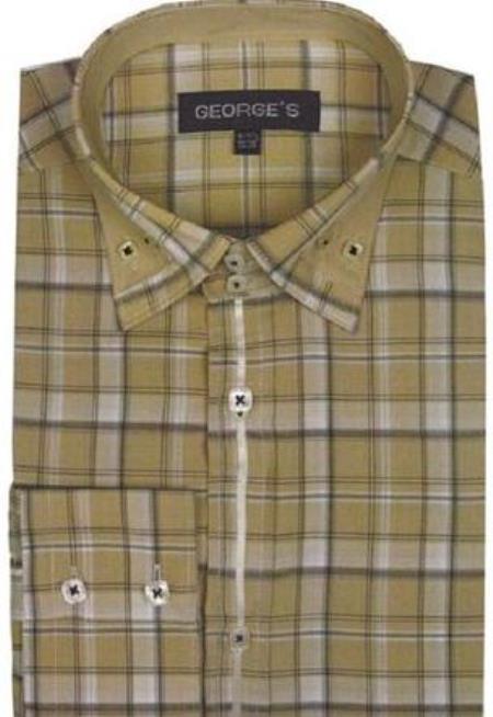 Patterned Dress Shirt - Men's Plaid Fashion Shirt Beige - Large 16.5" Neck / 34-35" Sleeve