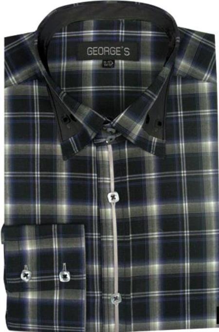 Men's Patterned Dress Shirt Black Fashion Plaid High Collar With Solid Trim Large 16.5" Neck / 34-35" Sleeve Men's Patterned Dress Shirt Black Fashion Plaid High Collar With Solid Trim Large 16.5" Neck / 34-35" Sleeve