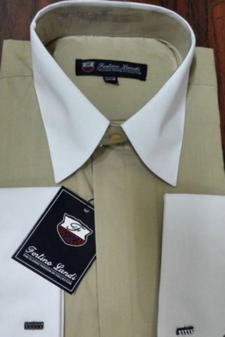 Men's Riley Collar Two Tone Dress Shirt Khaki White - 15.5" Neck / 34-35" Sleeve