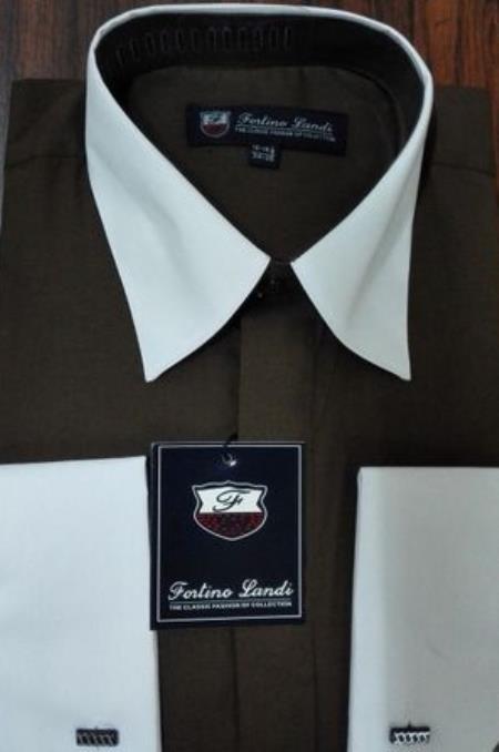Mens Riley Collar Two Tone Dress Shirt Brown White - 15.5" Neck / 34-35" Sleeve
