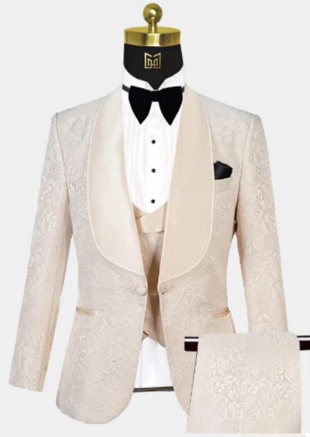 Men One Button Floral All Champagne Tuxedo 3 Piece-New Designer Collection
