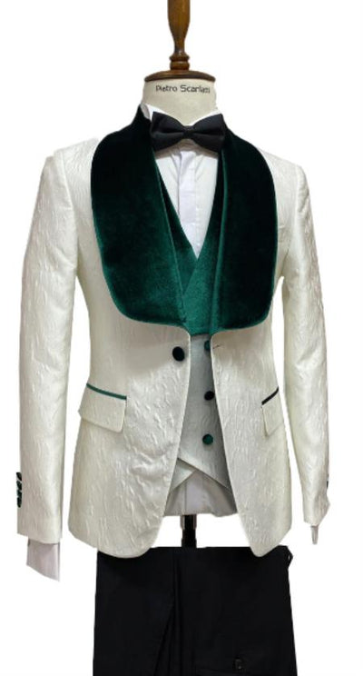 Ivory and Hunter Green Tuxedo Dinner Jacket Wide Velvet Groom Tuxedo Jacket - Prom 2026 Blazer