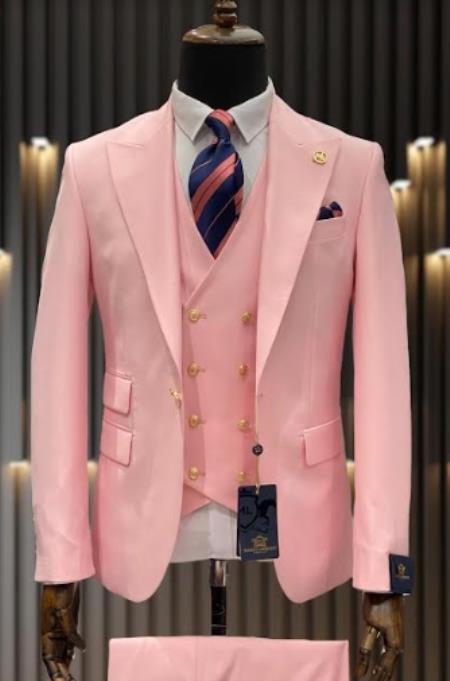 Rossiman Men's Pink Suit Γ’β¬β 1-Button Peak Lapel Jacket & Double-Breasted Vest