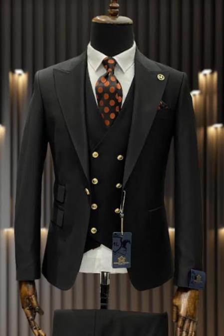 Rossiman Black Suit for Men Classic 1-Button Peak Lapel Jacket & Double-Breasted Vest