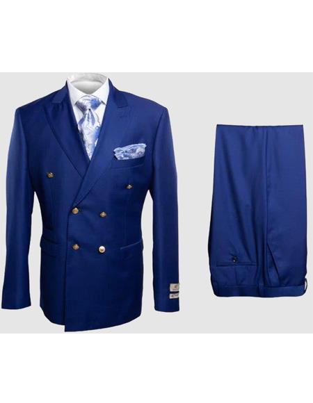 Rossiman Men's Slim Fit Royal Blue Suit – Double-Breasted Elegance - 36 Regular Jacket+30 Waist Adjustable 26to32)Height: 5'7"-6')(Neck: 14.5-16:S)