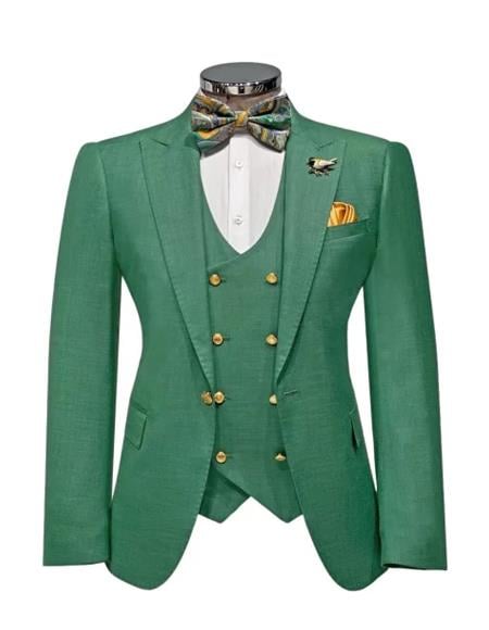 Men’s Green Slim Fit Suit by Rossiman – Stylish Double-Breasted Vest & Flat Front Pants - 36 Regular Jacket+30 Waist Adjustable 26to32)Height: 5'7"-6')(Neck: 14.5-16:S)