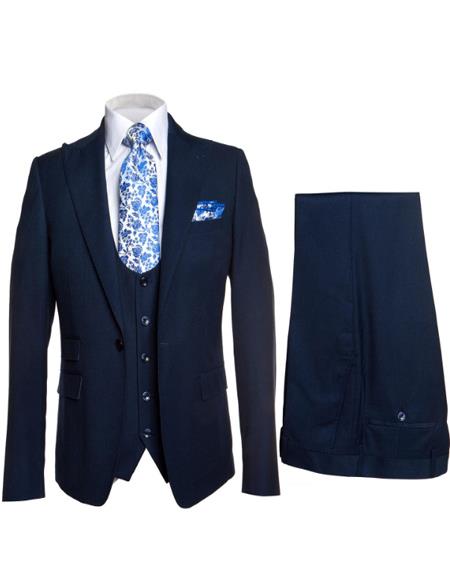 Rossiman Mens Formal Blue Suit Slim Fit Design with Vest and Trousers