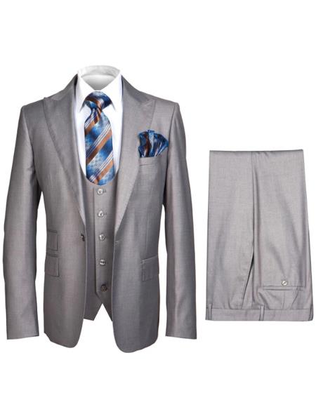 Men's Gray Slim Fit 3-Piece Suit by Rossiman – With Vest & Tailored Trousers - 38 Short Jacket+32 Waist Adjustable 28to34)(Height: 5’4”to5’7”)(Neck 15-16.5)S-M)
