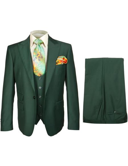 Rossiman Hunter Green Slim Fit Men's Suit – 3-Piece Vested Set with Flat Front Trousers - 38 Short Jacket+32 Waist Adjustable 28to34)(Height: 5’4”to5’7”)(Neck 15-16.5)S-M)