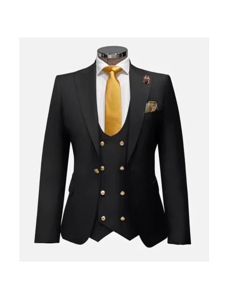 Rossi Man Men’s Black Slim Fit Suit – Double-Breasted Modern Classic - 38 Short Jacket+32 Waist Adjustable 28to34)(Height: 5’4”to5’7”)(Neck 15-16.5)S-M)