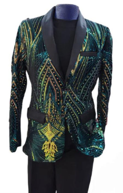 Mens Two Toned Sequin Blazer - Green Prom 2026 Shiny Tuxedo Slim Fit