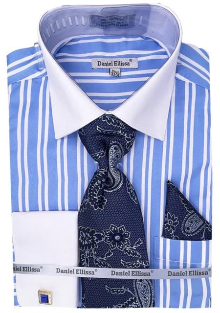 Mens Blue Striped Dress Shirt Set - Medium 15.5" Neck/33-34" Sleeve