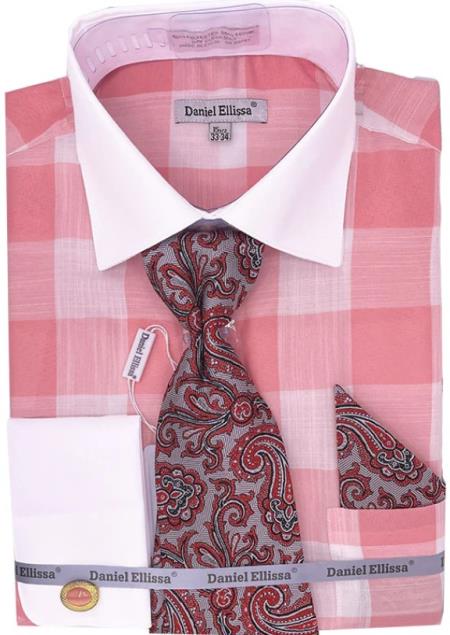 Mens Coral Tone On Tone Check Printed Dress Shirt - Medium 15.5" Neck/34-35" Sleeve