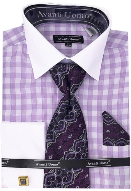 Mens Lilac Check Dress Shirt - Medium 15.5" Neck/34-35" Sleeve