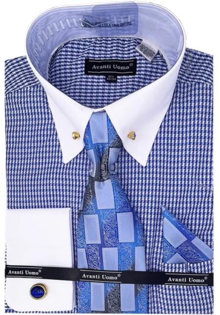 Mens Blue Houndstooth Dress Shirt Set With Cuff - XXL 18.5" Neck/34-35" Sleeve
