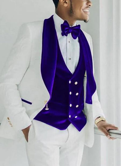 Mens Royal Blue Prom 2026 Tuxedo - Mens Vested Designer Wide Royal Blue Velvet Shawl Tuxedo in Ivory Paisley