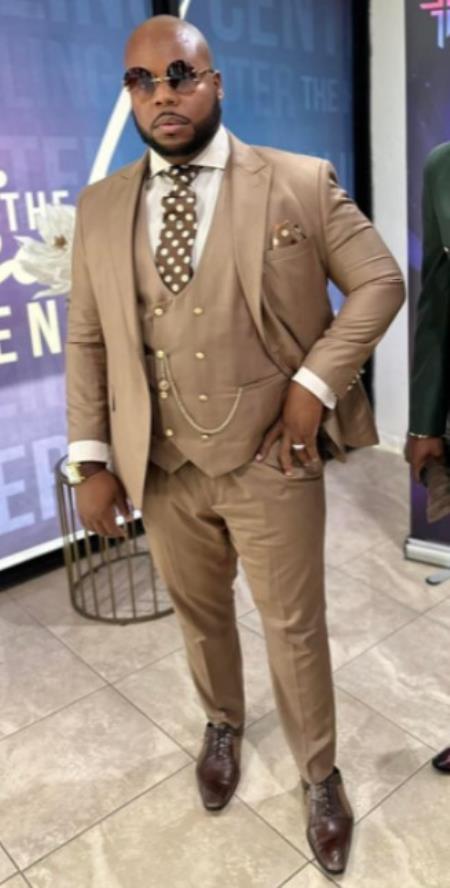 Rossiman Mens Tan Suit Gold Buttons and Double-Breasted Vest Elegance