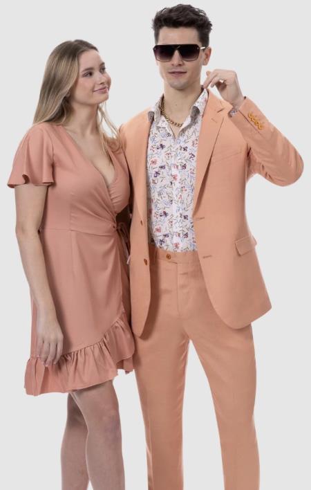 Mens Summer Linen suit - Salmon Suit For Man Side Vented Modern Fit Notch Lapel